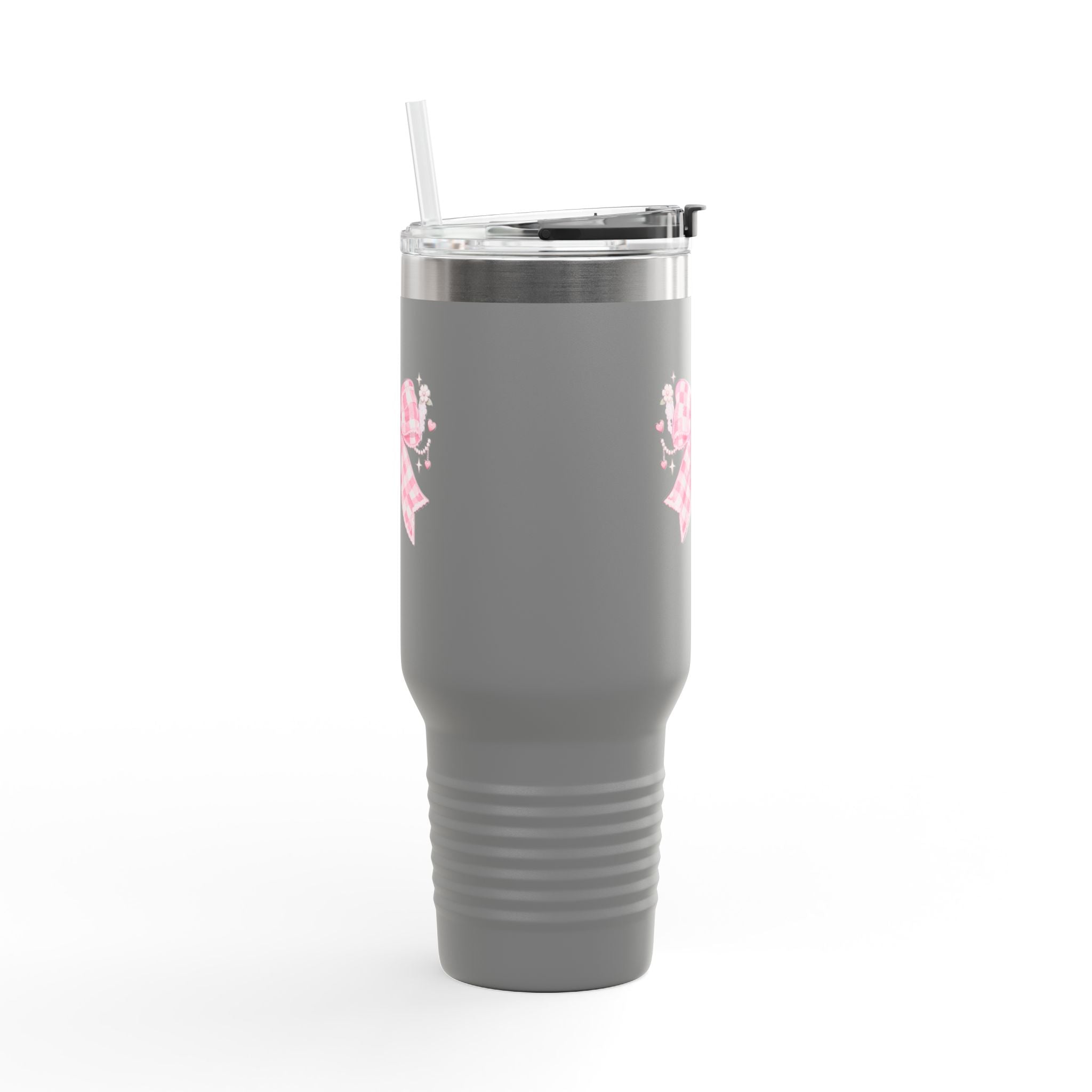 40oz Insulated Travel Mug — Pink Gingham Bow Design