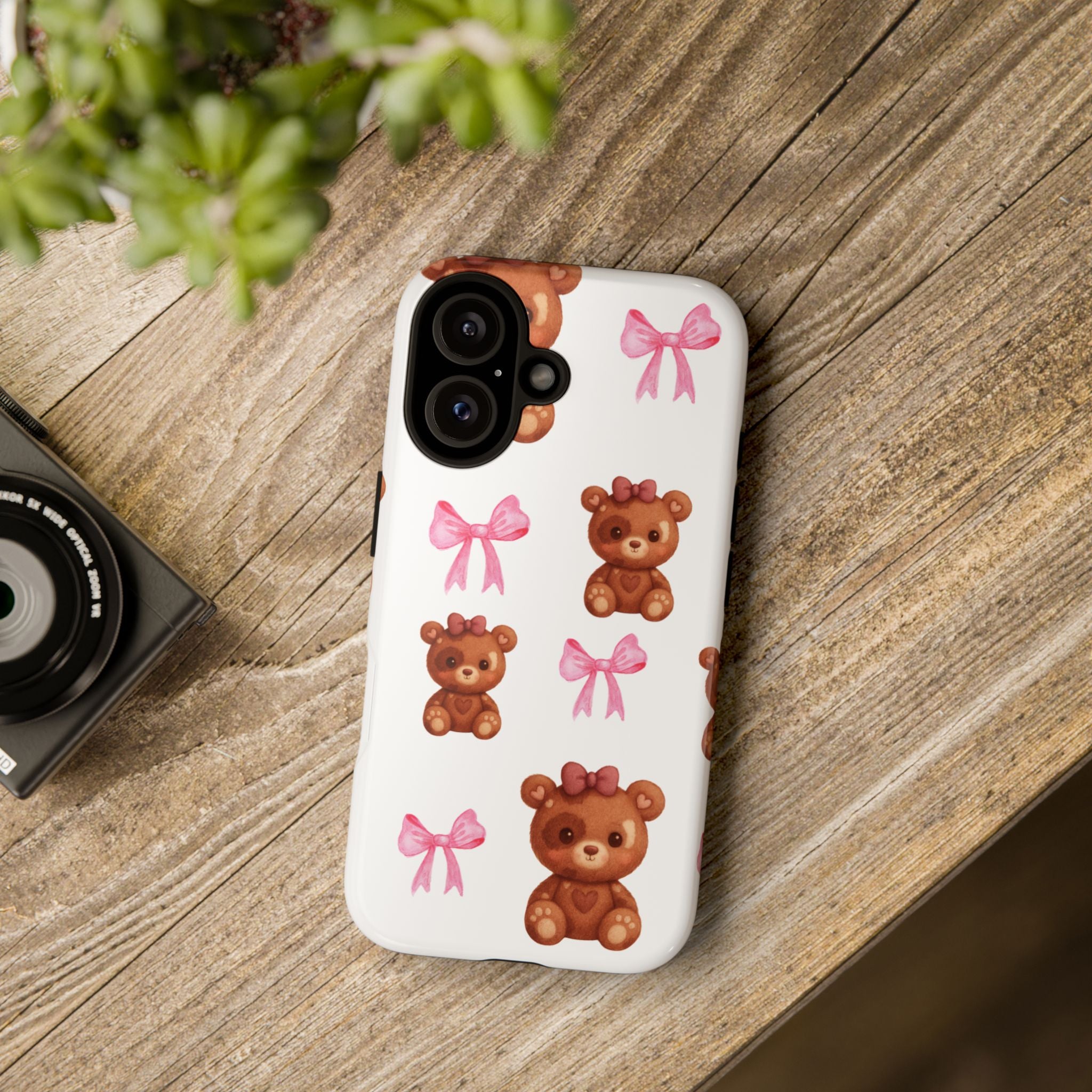 Cute Teddy Bear Phone Case – Pink Bows Patterned Protective iPhone Case