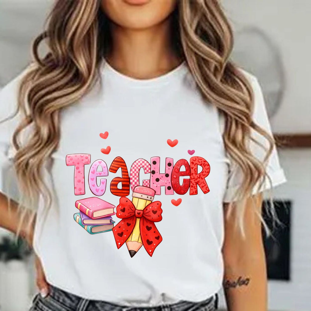 Teacher Heart Graphic T-Shirt — Cute Book & Pencil Gift Tee for Educators