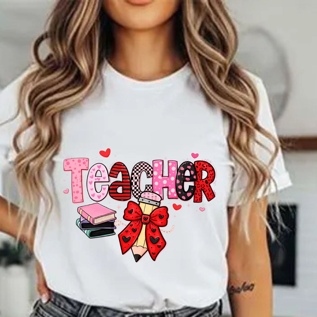 Teacher Valentines T-Shirt — Cute Pink 'Teacher' Design with Books & Bow