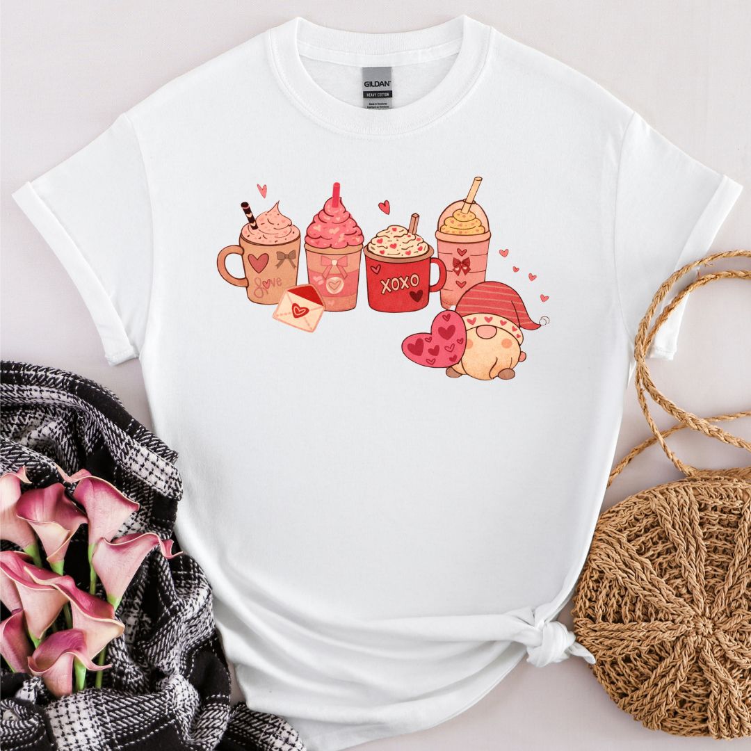 Cute Dessert Drinks Graphic Tee — Whimsical Coffee, Milkshake & Pastry Illustration