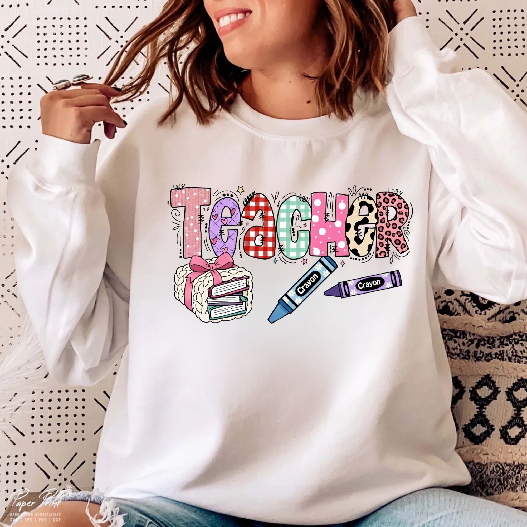 Teacher Crewneck Sweatshirt – Colorful 'Teacher' Design with Books & Crayons, Teacher Appreciation Gift
