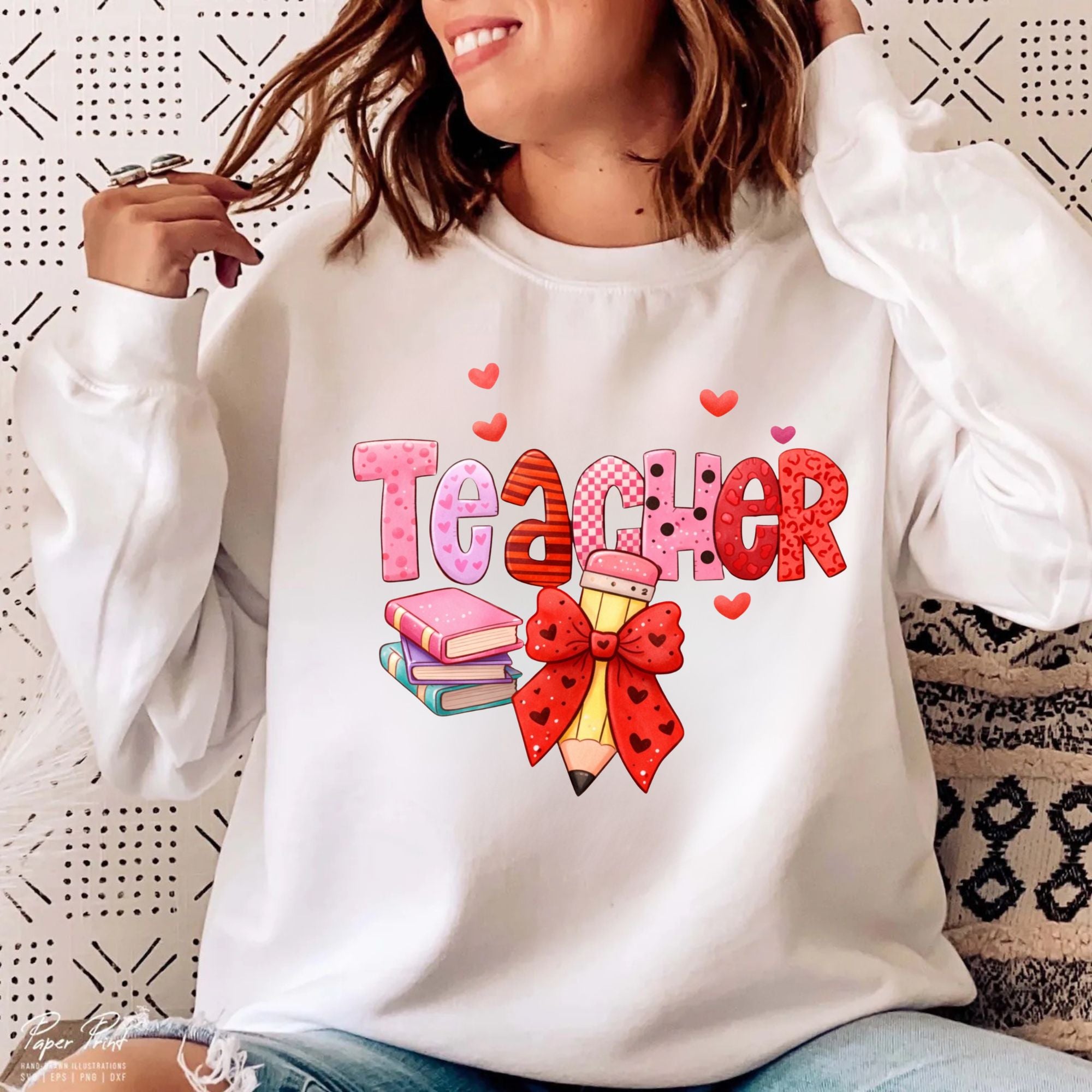 Teacher Heart Graphic Sweatshirt — Cute Books & Bow Design, Perfect for Teacher Gifts
