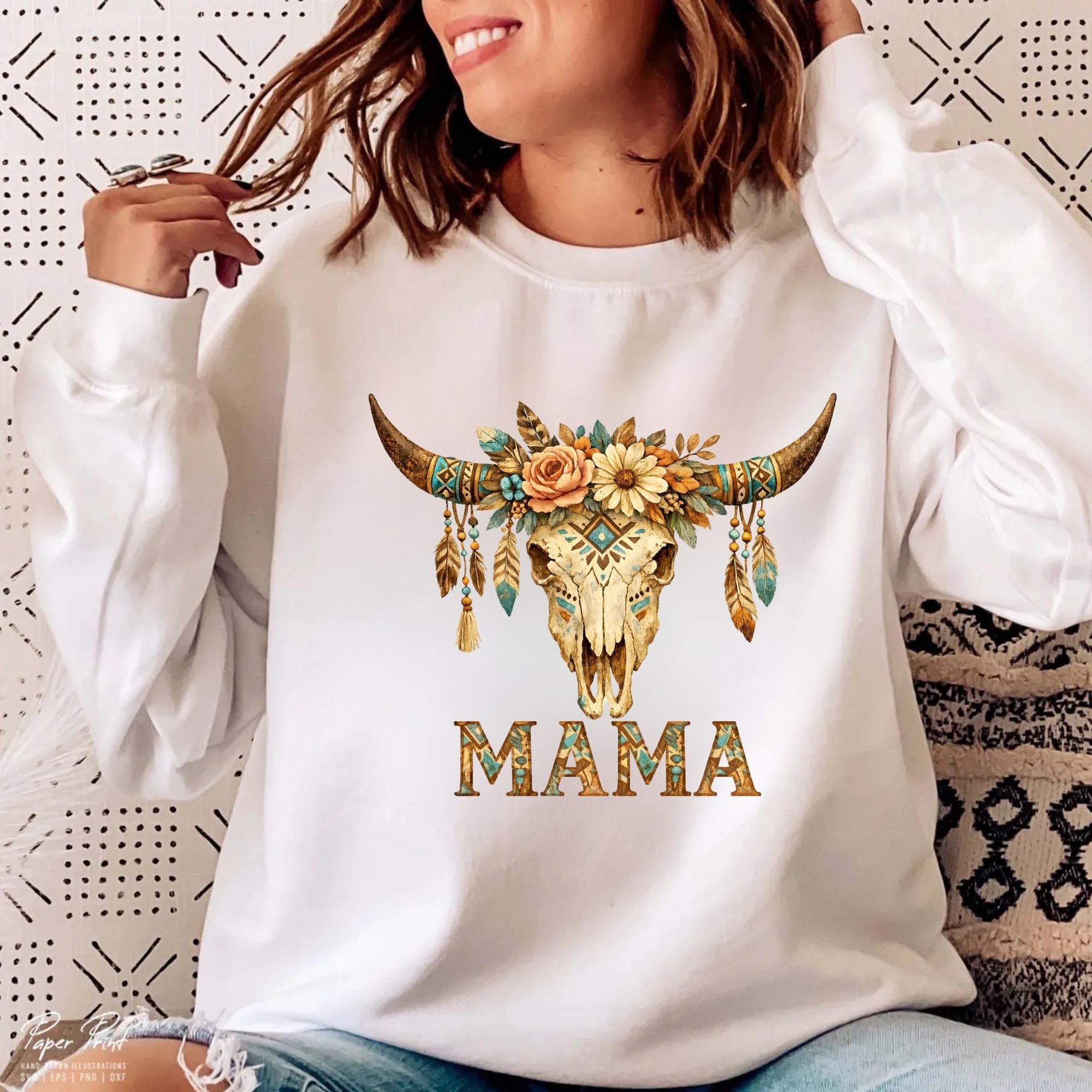 Mama Floral Cow Skull Sweatshirt — Boho Western Mother's Day Crewneck