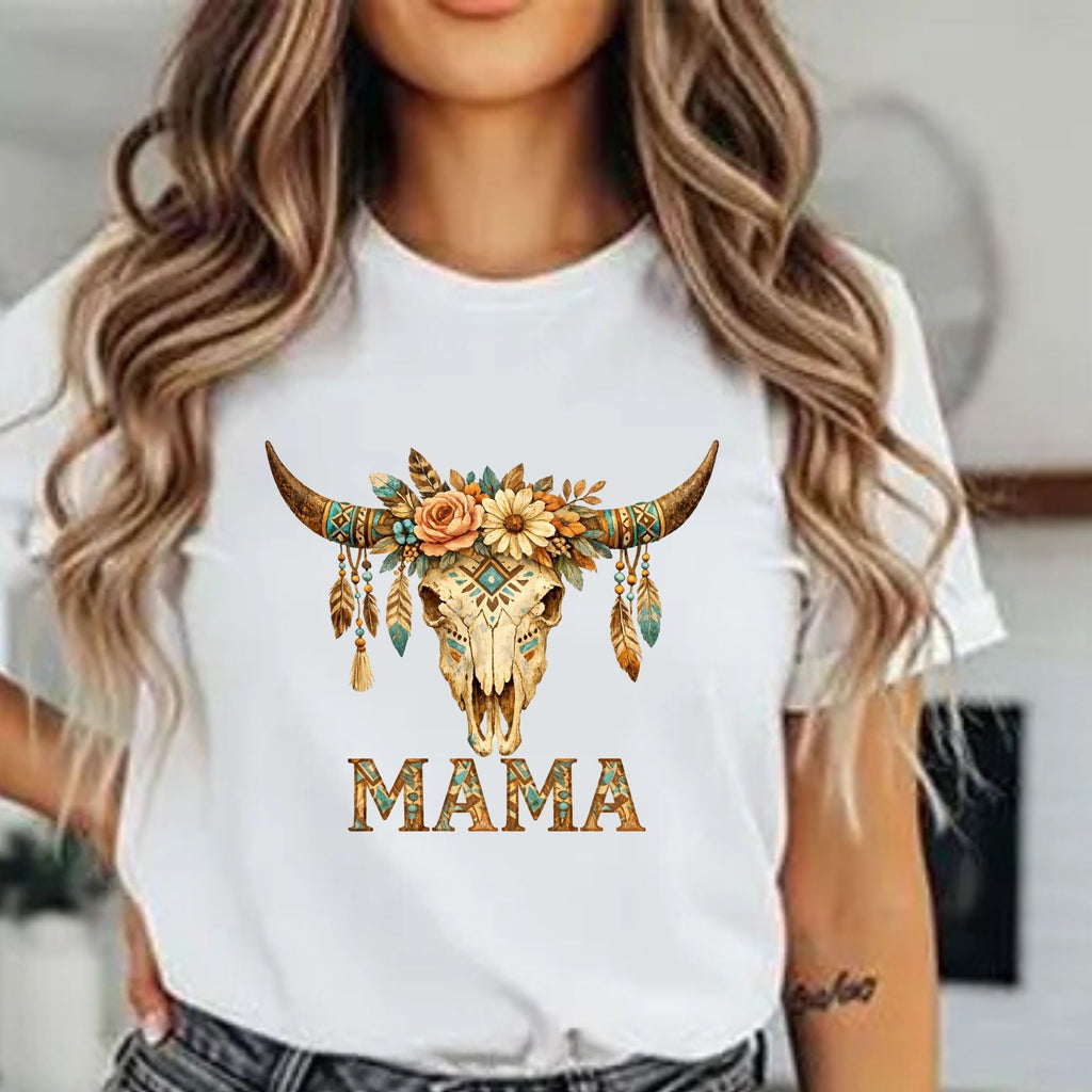 Mama Floral Bull Skull T-Shirt — Boho Western Mother's Day Tee