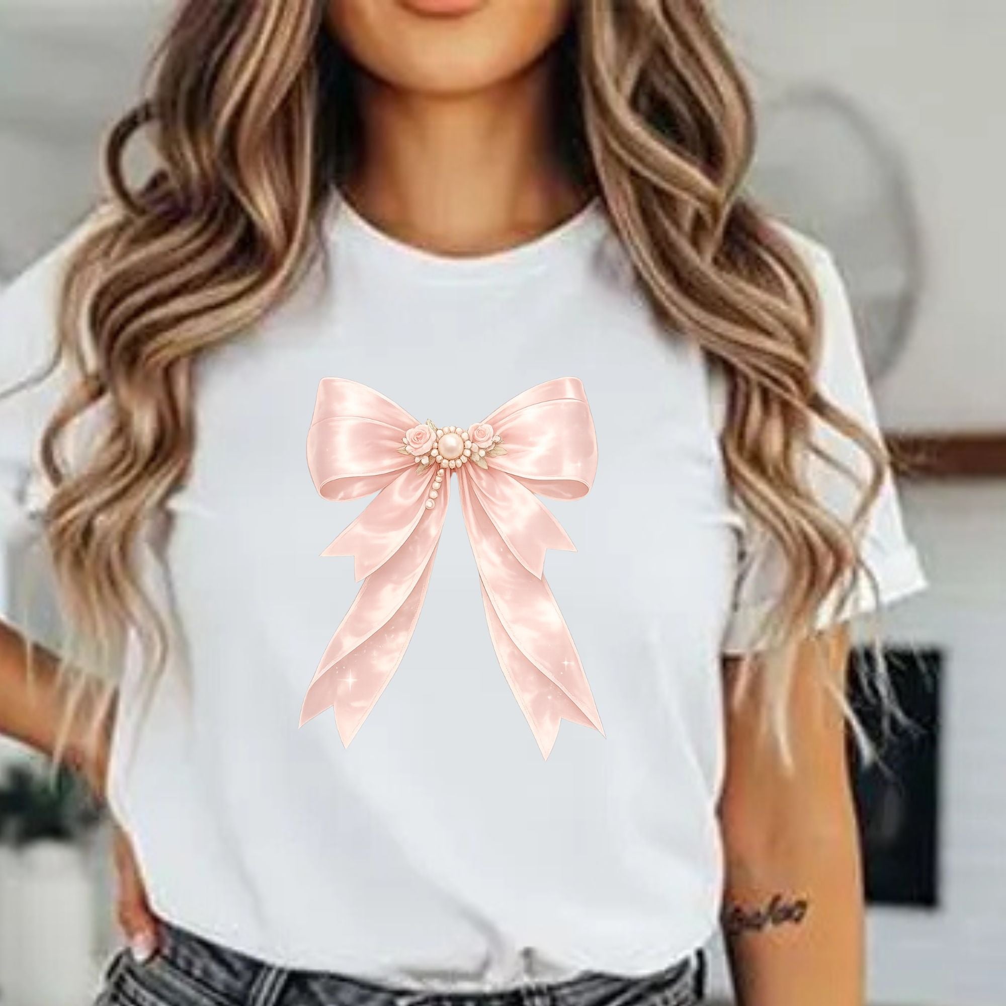Women's Pink Satin Bow Tee — Elegant Gift Shirt for Brides, Mother's Day & Special Occasions