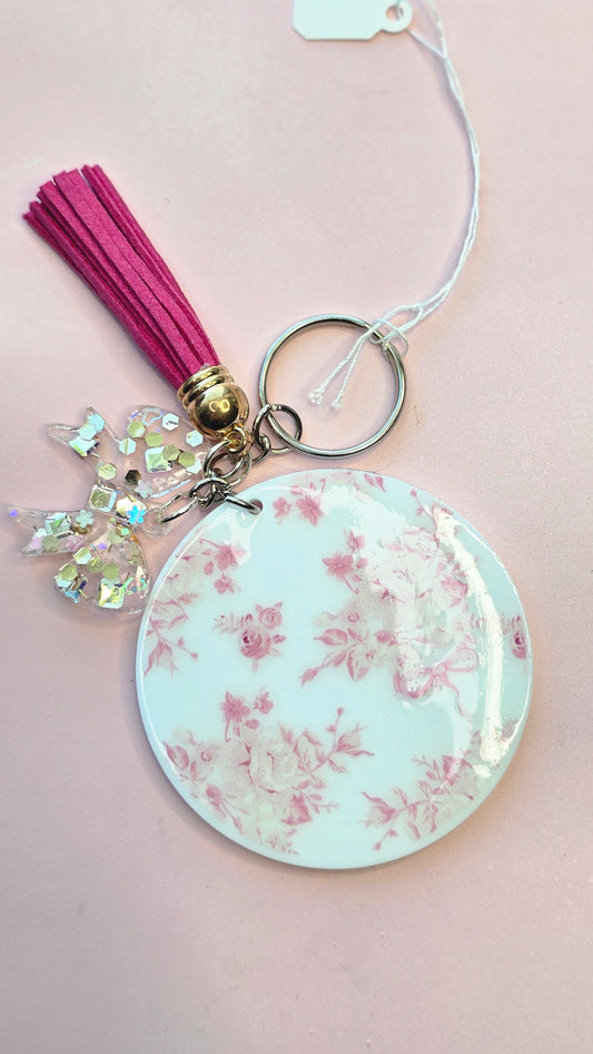 Pink Rose Cottagecore Keychain with Tassel and Bow Charm