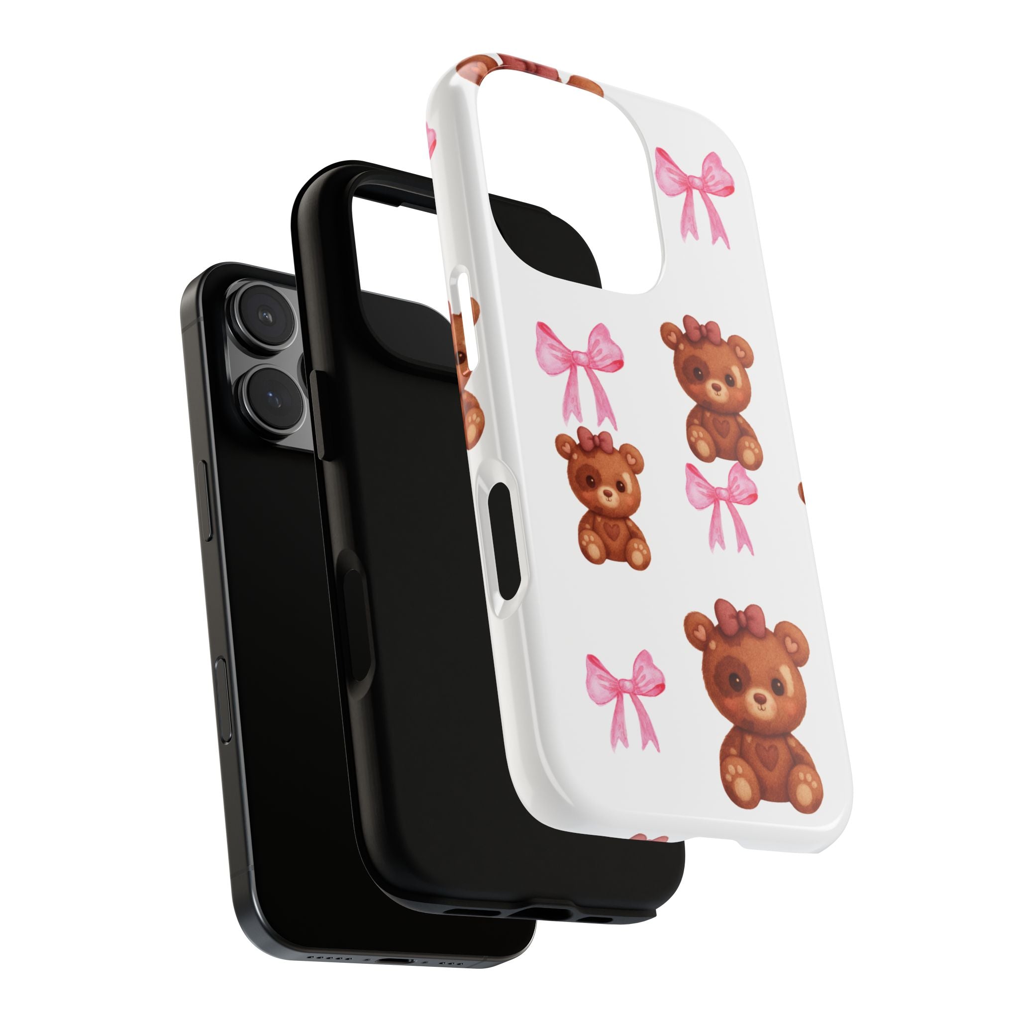 Cute Teddy Bear Phone Case – Pink Bows Patterned Protective iPhone Case