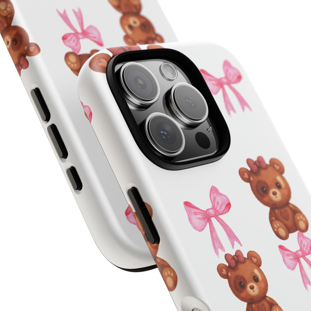 Cute Teddy Bear Phone Case – Pink Bows Patterned Protective iPhone Case