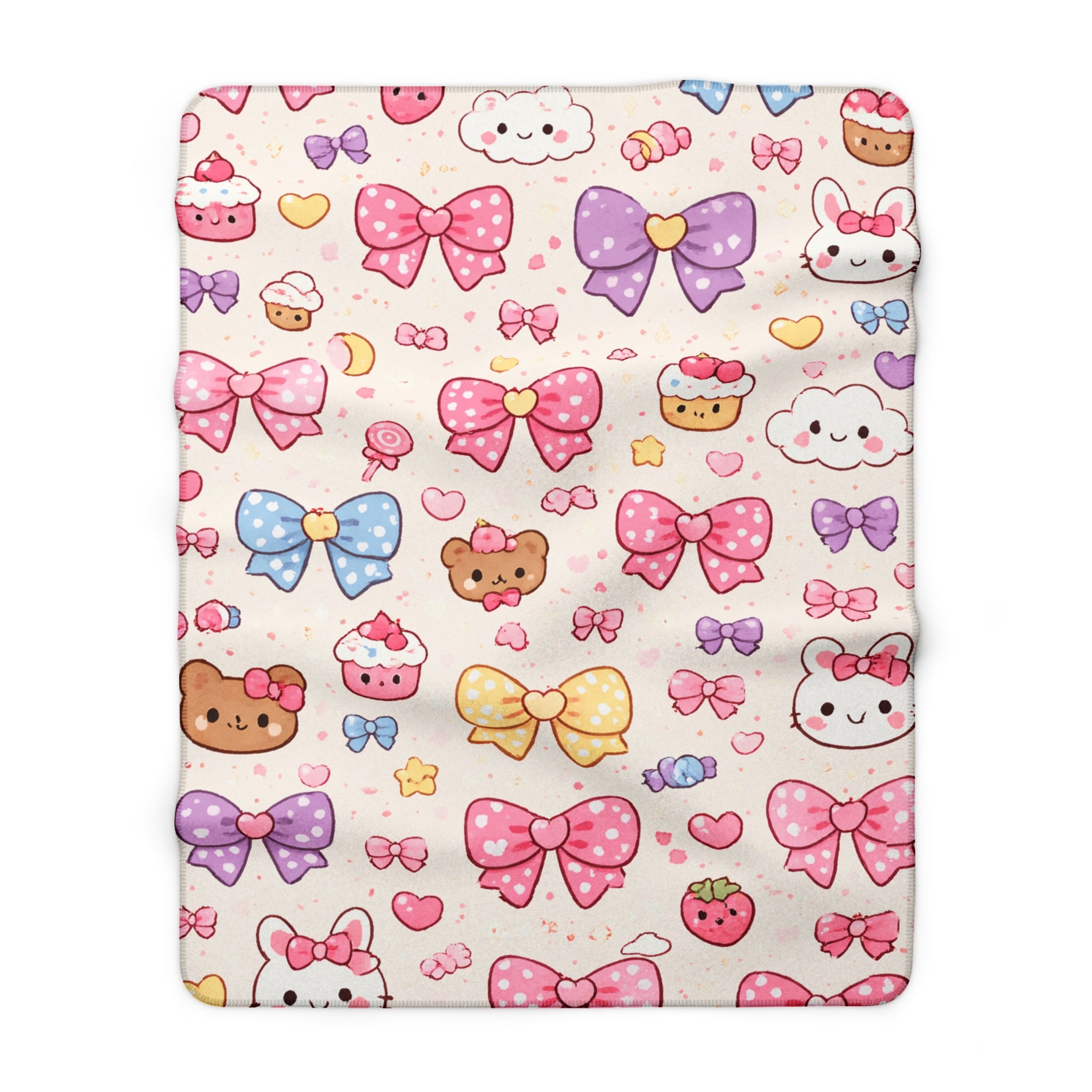 Kawaii Pastel Bow Sherpa Blanket — Cute Dessert & Bear Pattern Cozy Throw