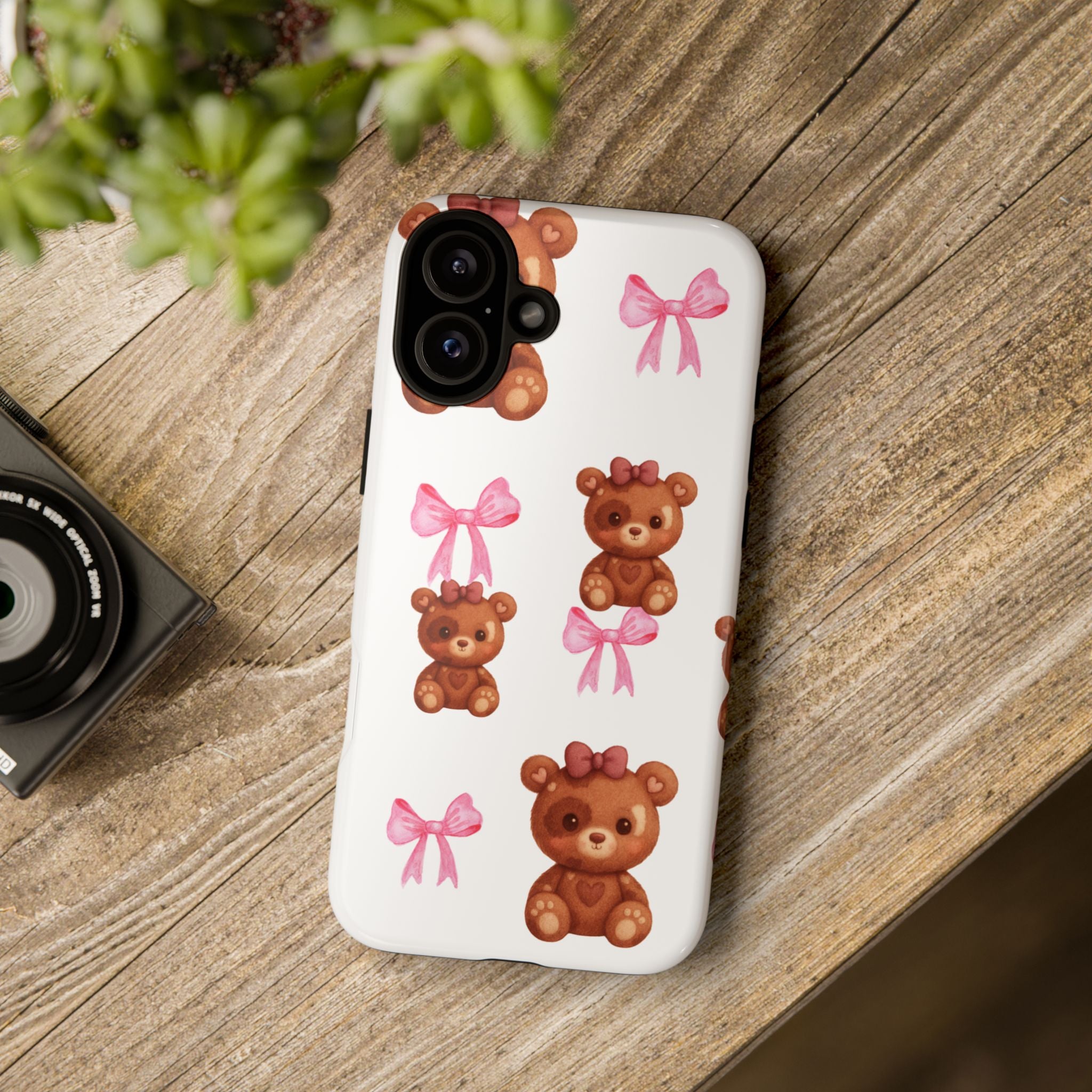 Cute Teddy Bear Phone Case – Pink Bows Patterned Protective iPhone Case