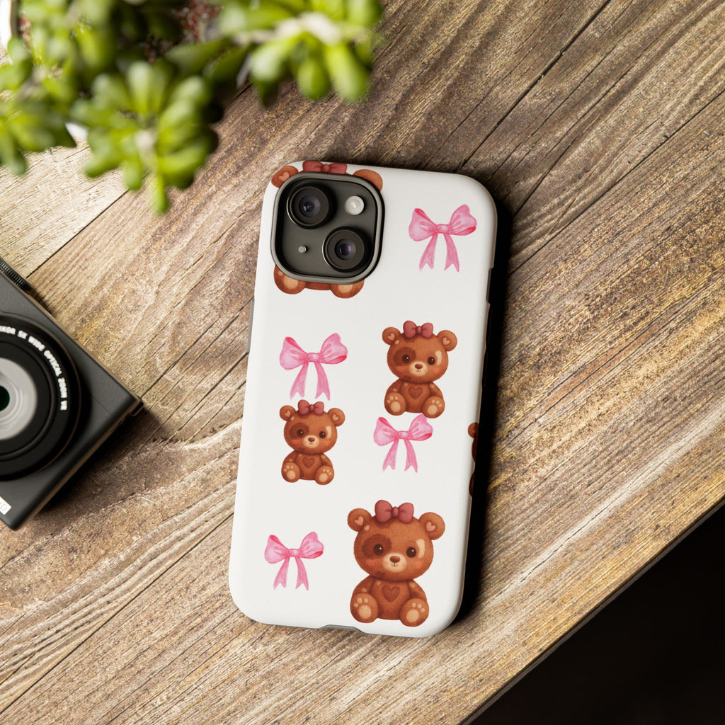 Cute Teddy Bear Phone Case – Pink Bows Patterned Protective iPhone Case