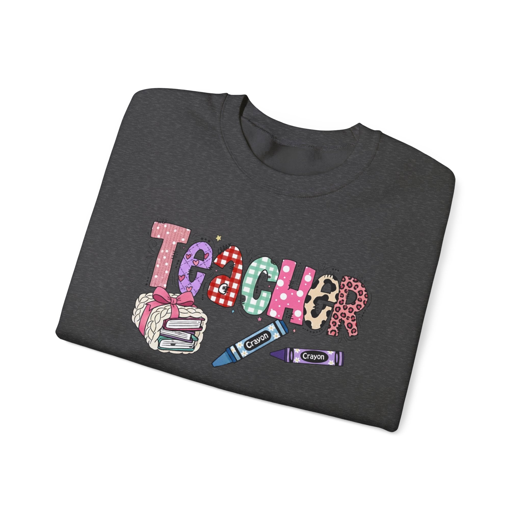 Teacher Crewneck Sweatshirt – Colorful 'Teacher' Design with Books & Crayons, Teacher Appreciation Gift