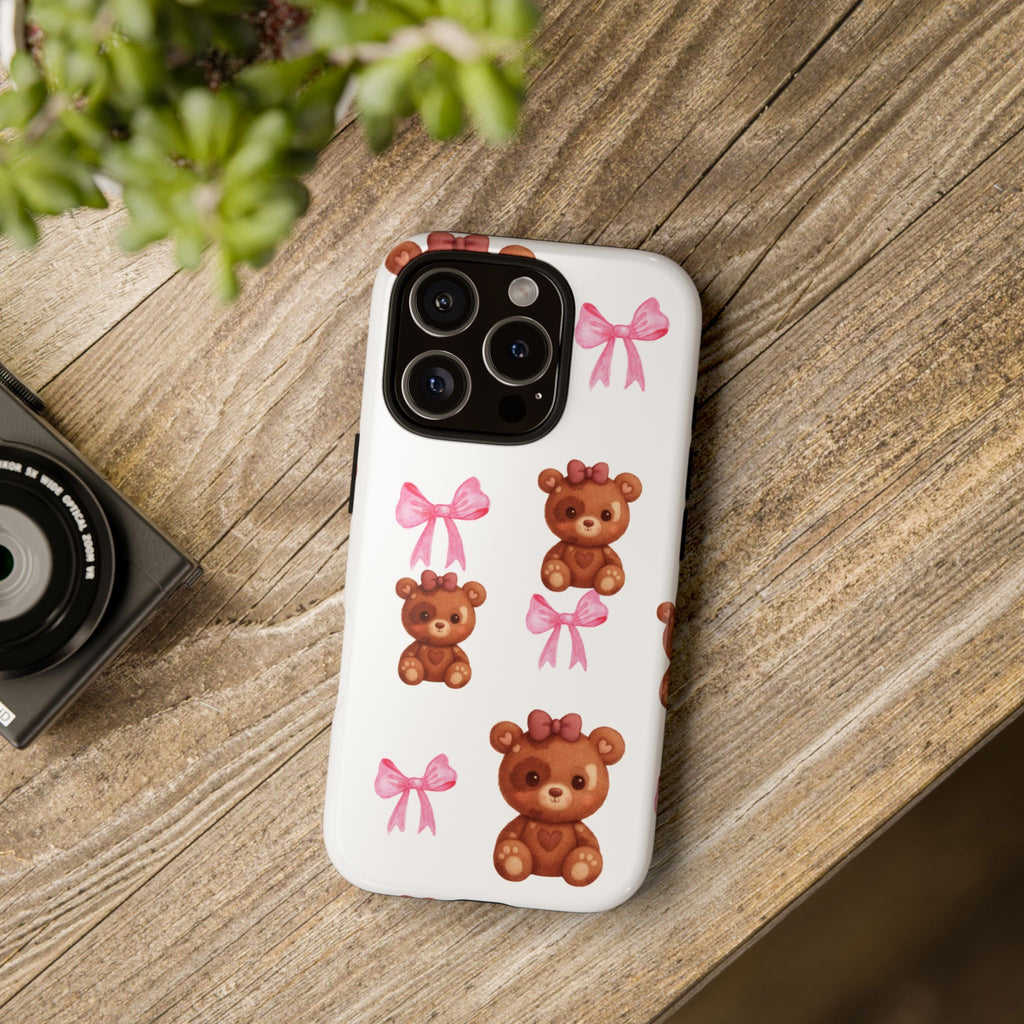 Cute Teddy Bear Phone Case – Pink Bows Patterned Protective iPhone Case