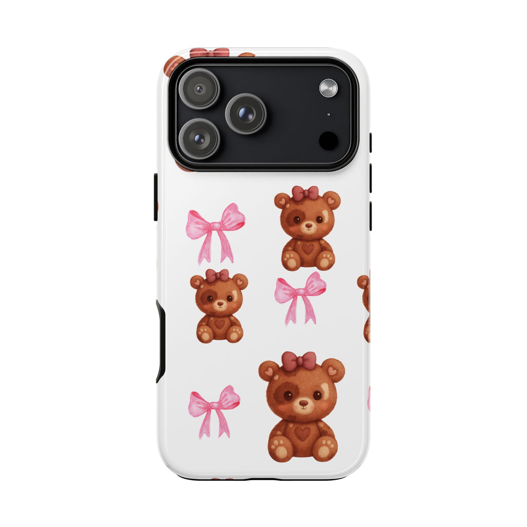 Cute Teddy Bear Phone Case – Pink Bows Patterned Protective iPhone Case