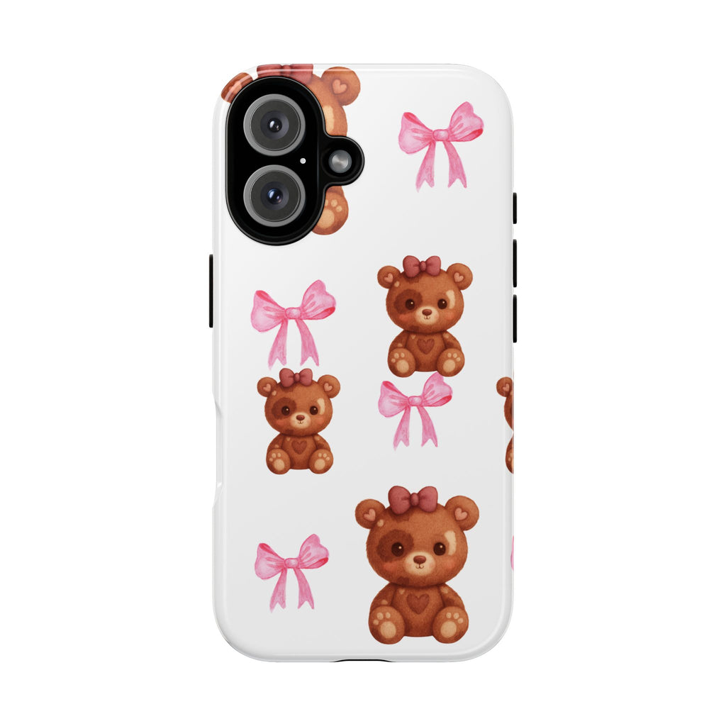 Cute Teddy Bear Phone Case – Pink Bows Patterned Protective iPhone Case