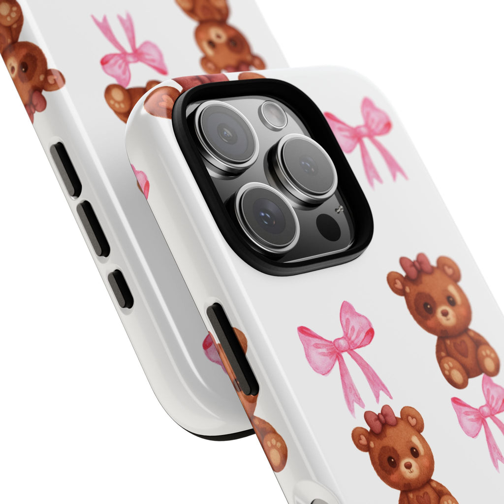 Cute Teddy Bear Phone Case – Pink Bows Patterned Protective iPhone Case