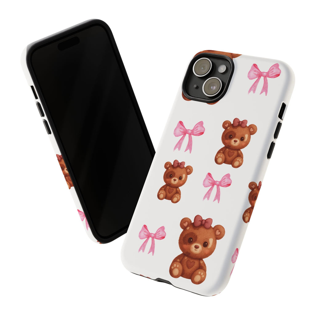 Cute Teddy Bear Phone Case – Pink Bows Patterned Protective iPhone Case
