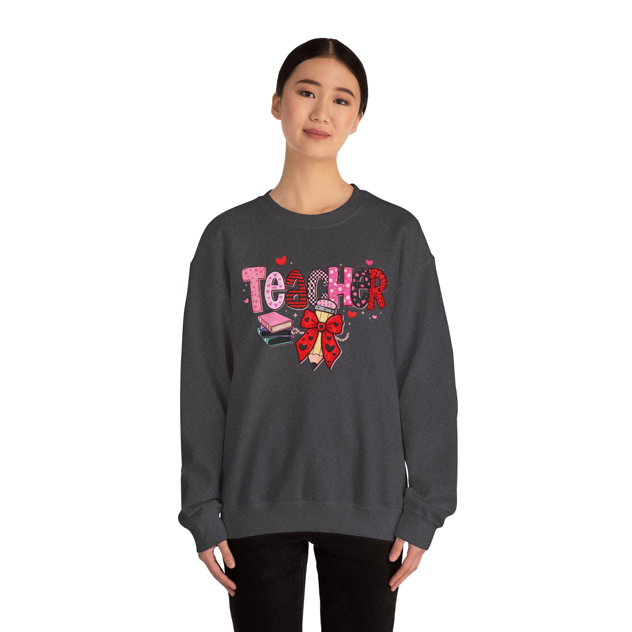Teacher Crewneck Sweatshirt — Cute Pink Bow & Books Design | Teacher Appreciation Gift