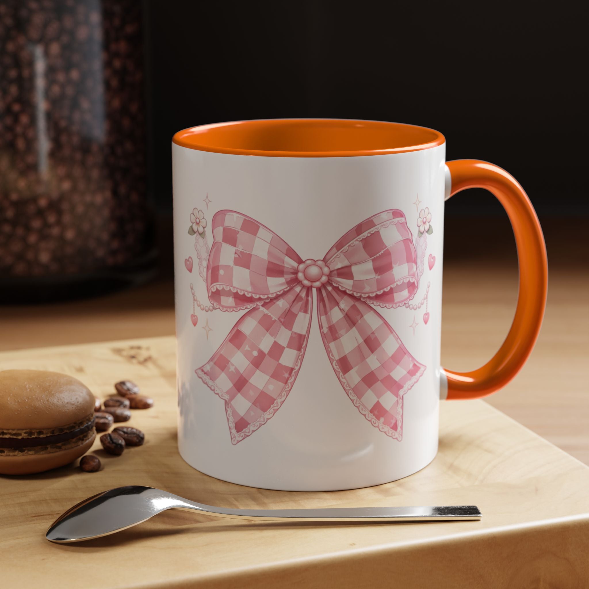 Pink Gingham Bow Accent Coffee Mug (11/15oz) — Cute Cottagecore Kitchen Gift