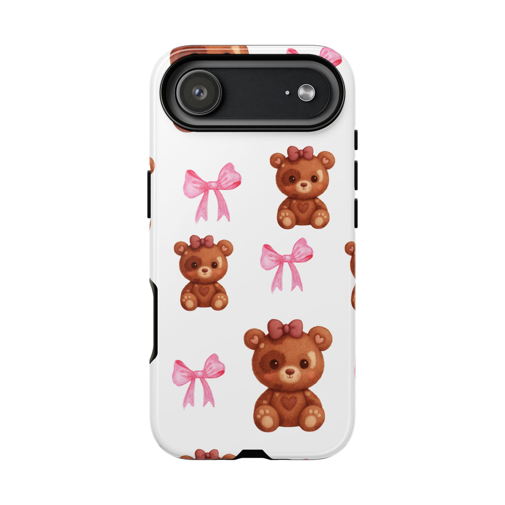 Cute Teddy Bear Phone Case – Pink Bows Patterned Protective iPhone Case