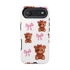 Cute Teddy Bear Phone Case – Pink Bows Patterned Protective iPhone Case