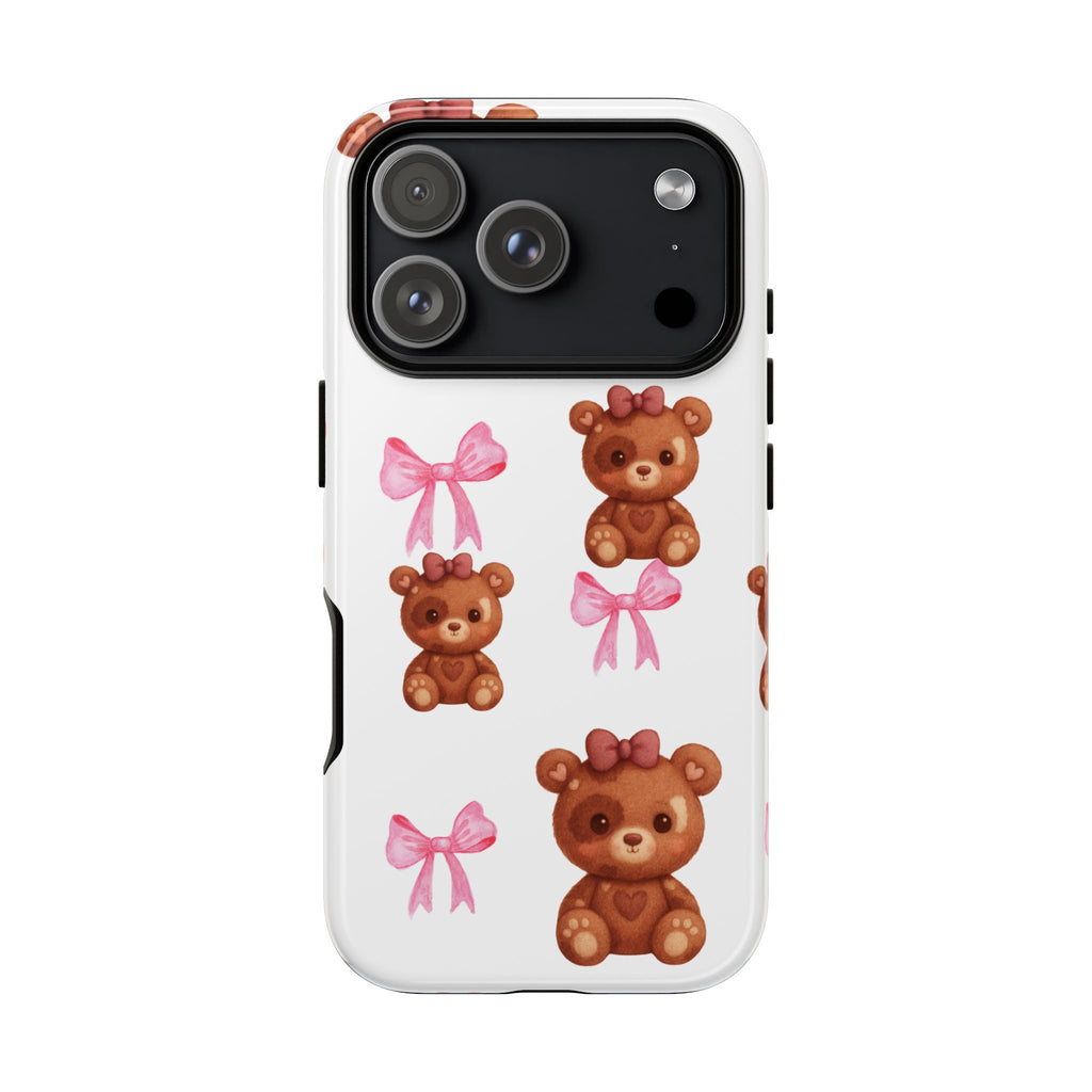 Cute Teddy Bear Phone Case – Pink Bows Patterned Protective iPhone Case