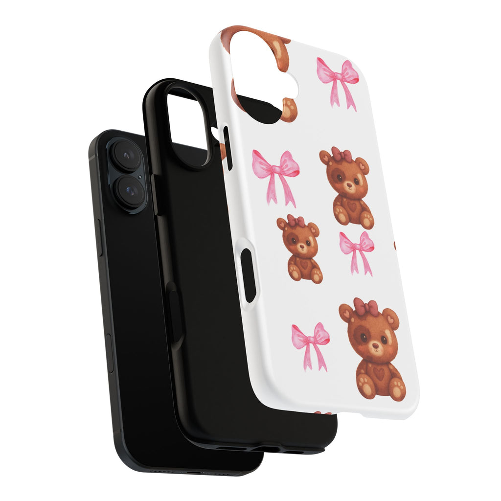 Cute Teddy Bear Phone Case – Pink Bows Patterned Protective iPhone Case
