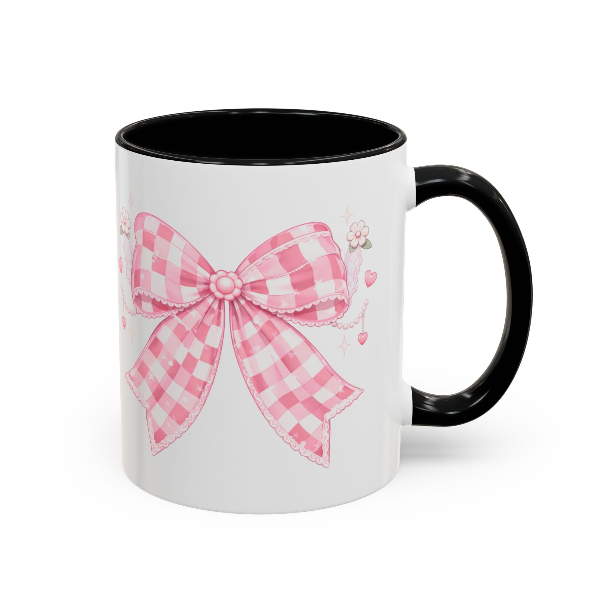 Pink Gingham Bow Accent Coffee Mug (11/15oz) — Cute Cottagecore Kitchen Gift