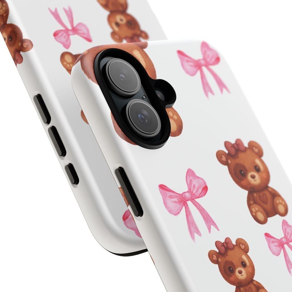 Cute Teddy Bear Phone Case – Pink Bows Patterned Protective iPhone Case