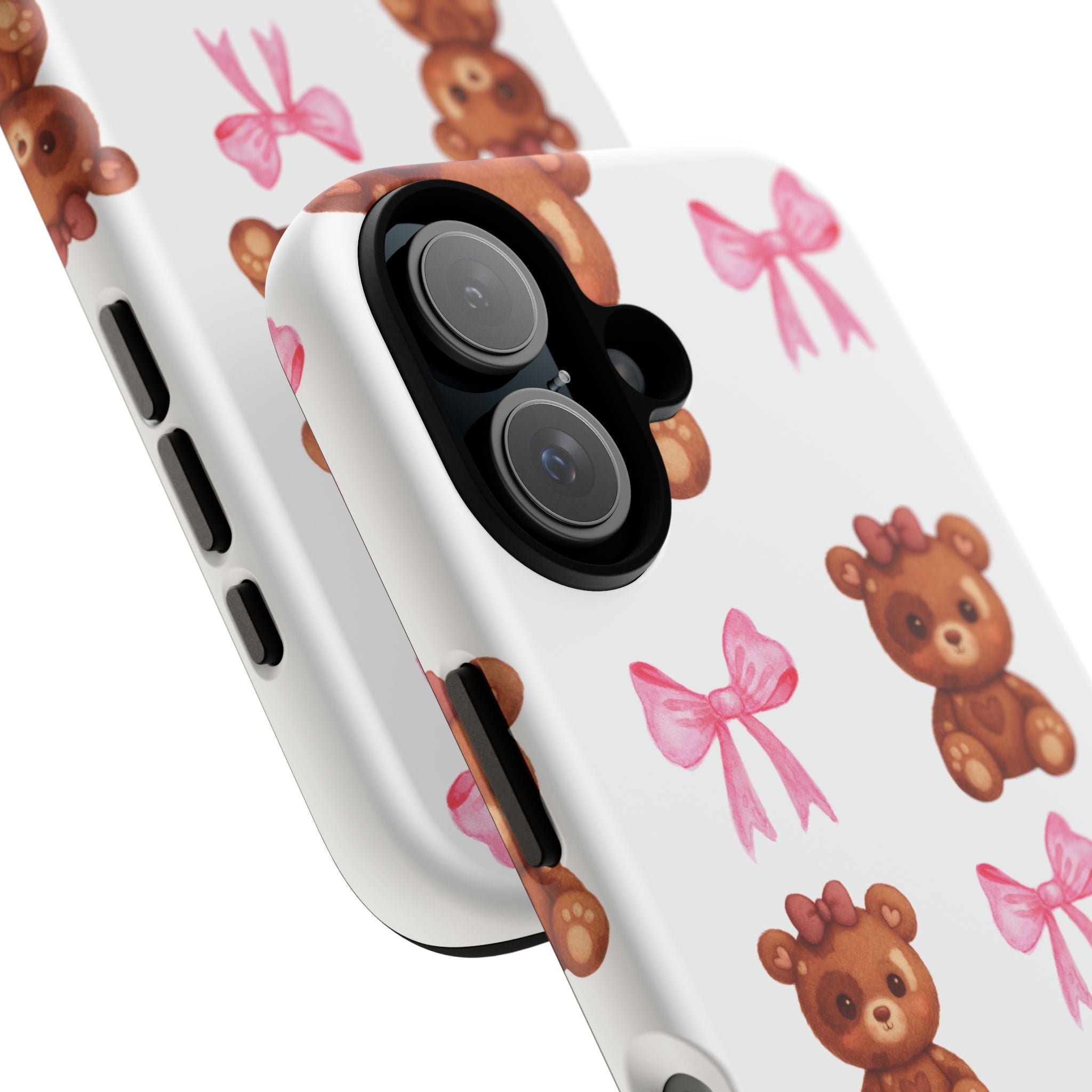 Cute Teddy Bear Phone Case – Pink Bows Patterned Protective iPhone Case