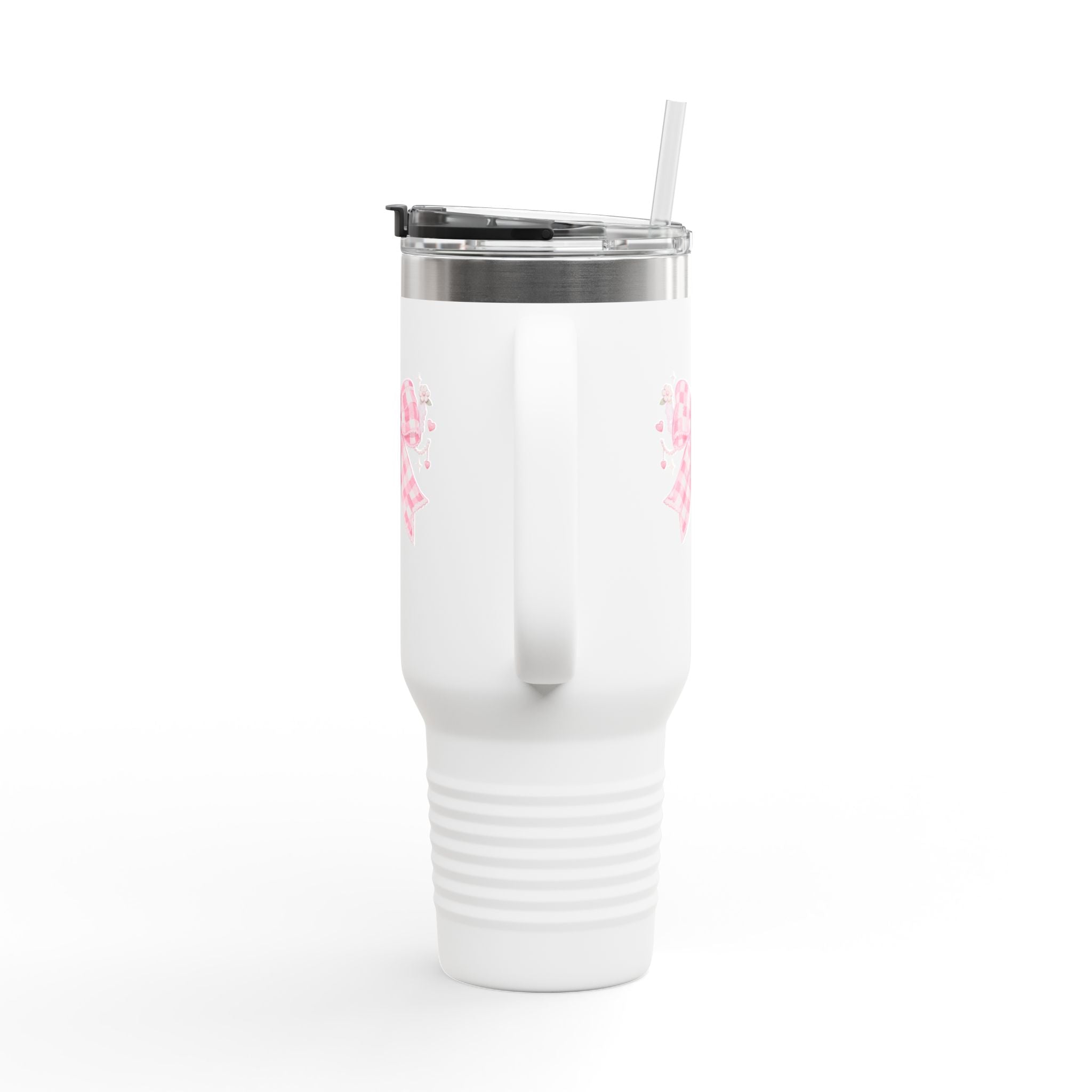 40oz Insulated Travel Mug — Pink Gingham Bow Design