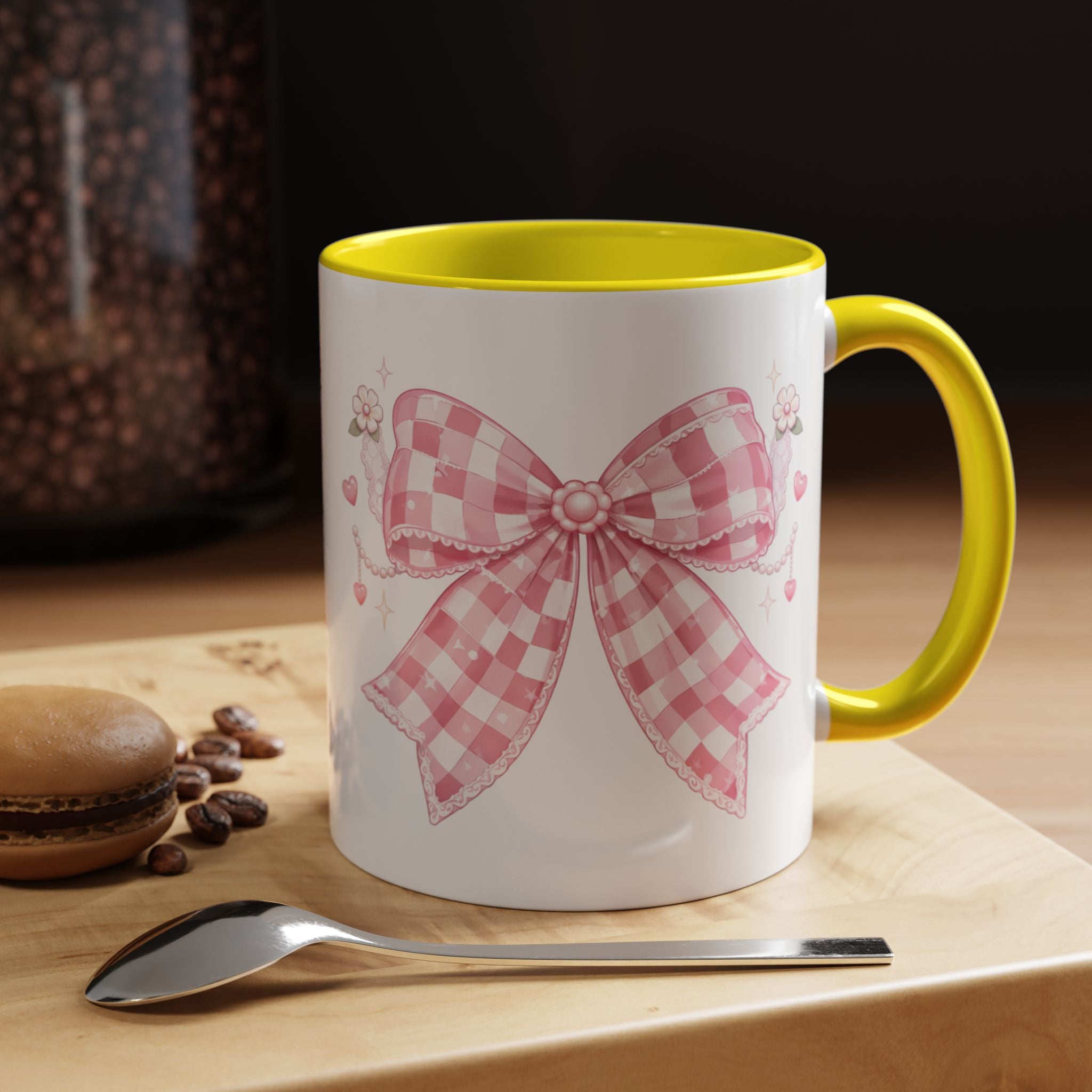 Pink Gingham Bow Accent Coffee Mug (11/15oz) — Cute Cottagecore Kitchen Gift