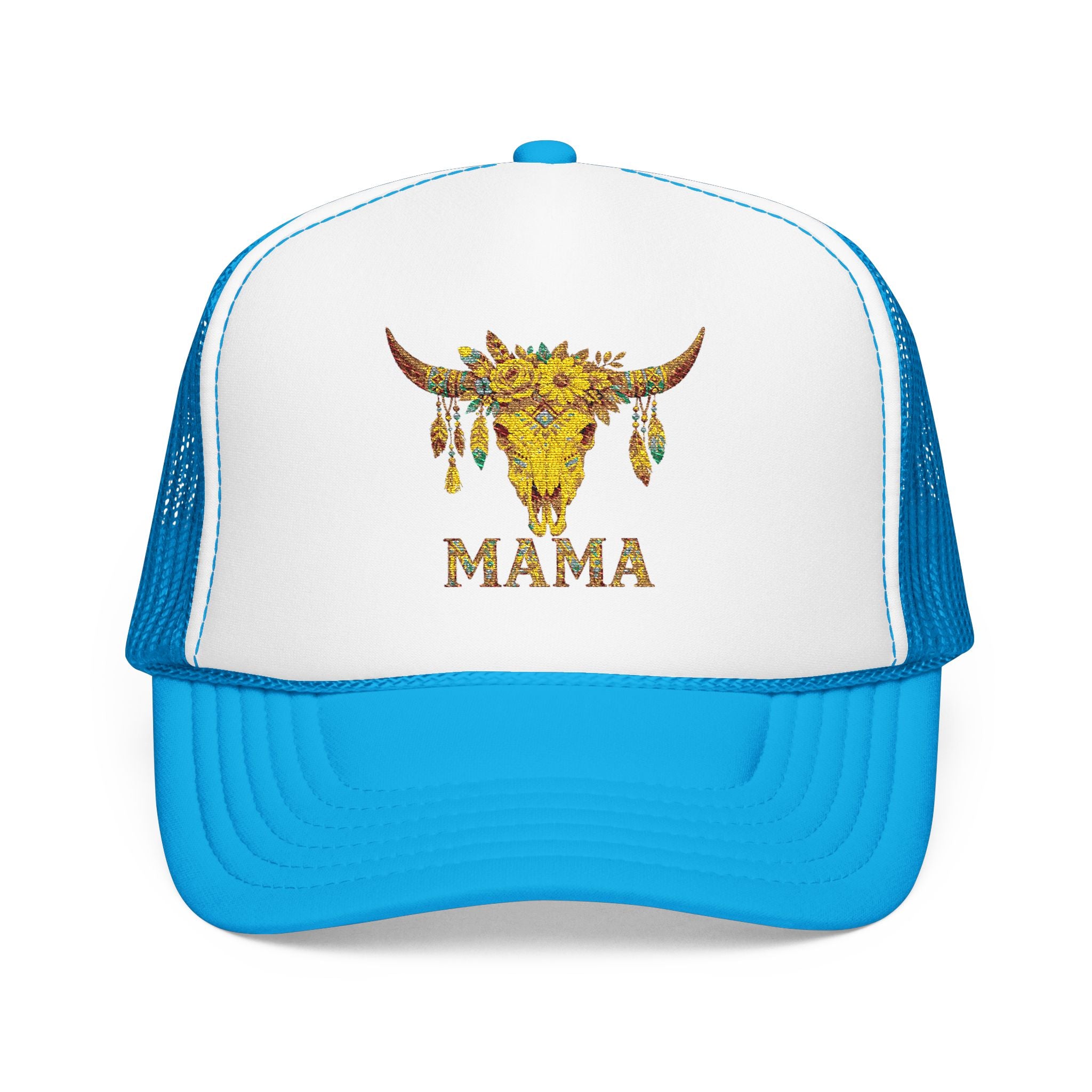 Mama Floral Bull Skull Embroidered Trucker Hat