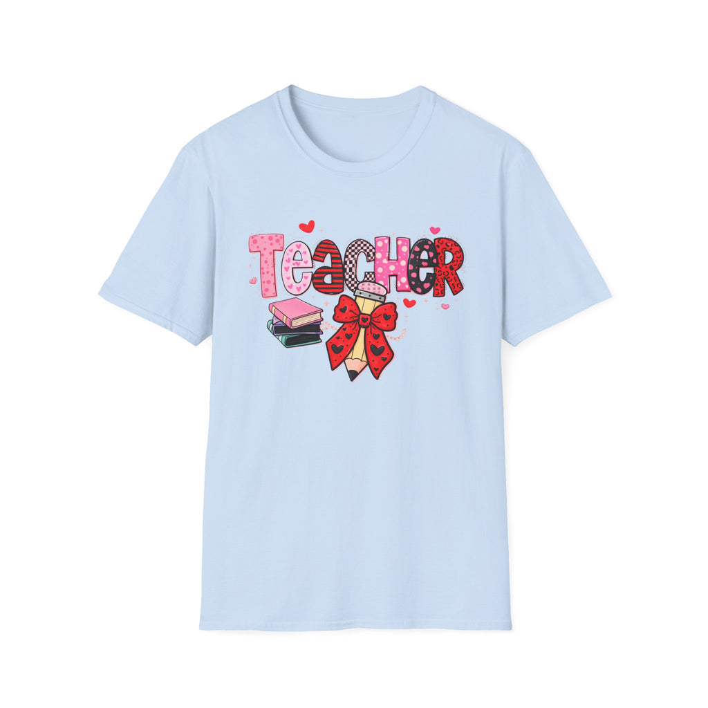 Teacher Valentines T-Shirt — Cute Pink 'Teacher' Design with Books & Bow