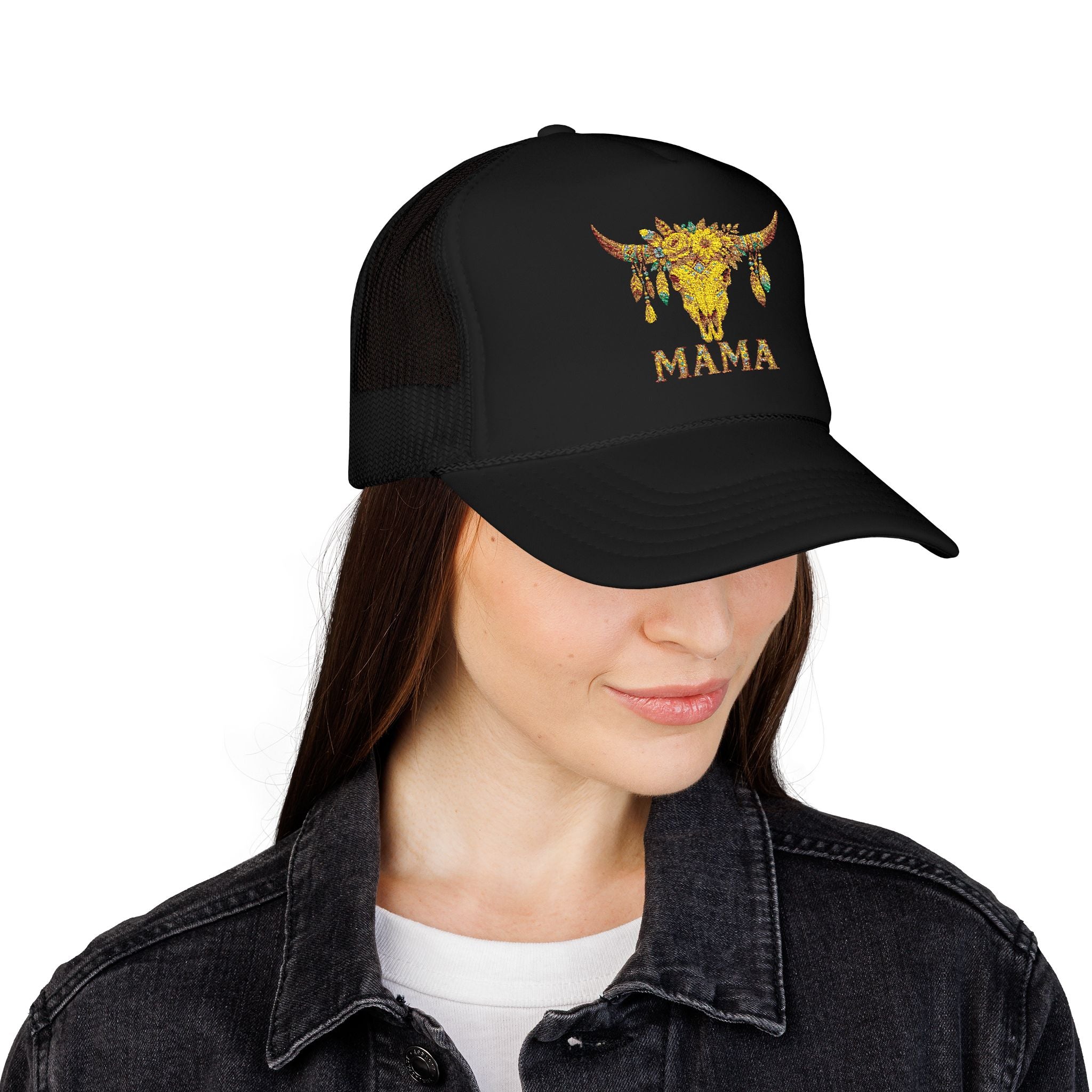 Mama Floral Bull Skull Embroidered Trucker Hat