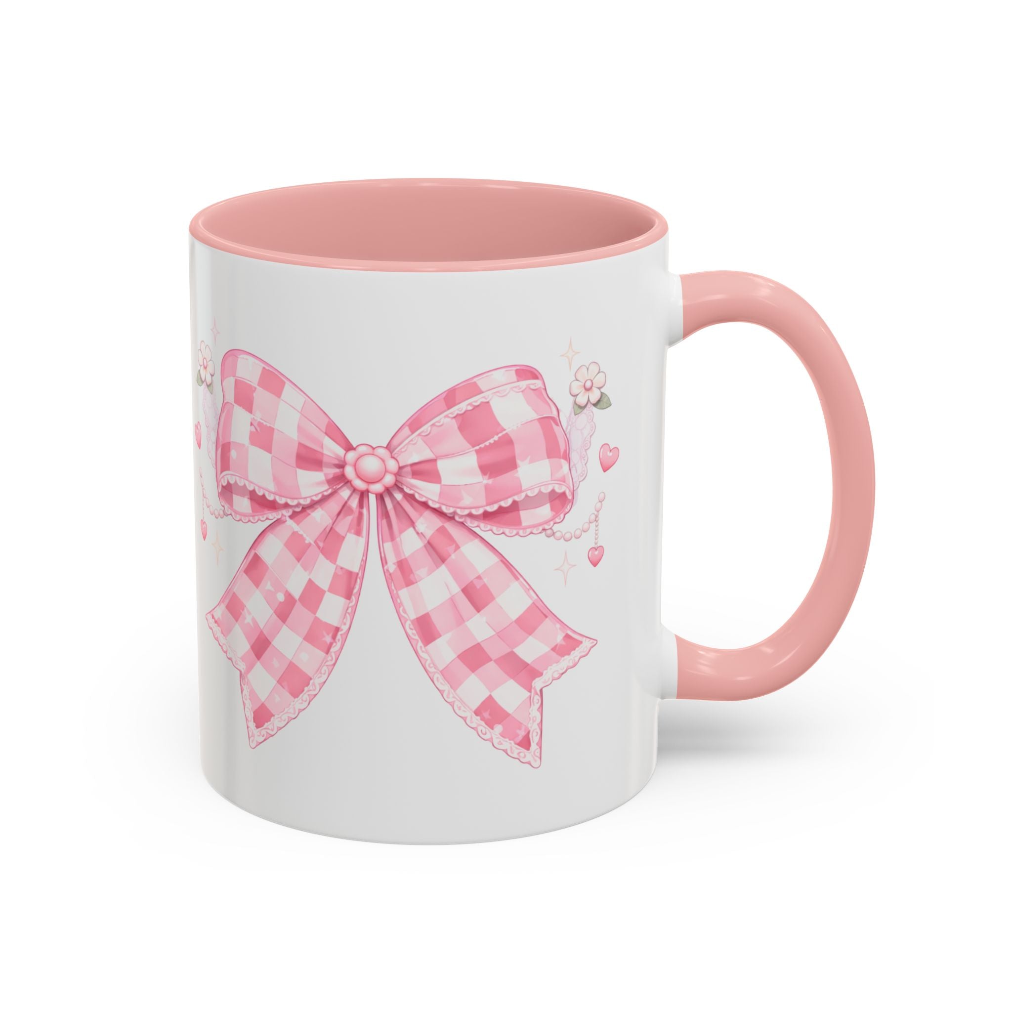 Pink Gingham Bow Accent Coffee Mug (11/15oz) — Cute Cottagecore Kitchen Gift