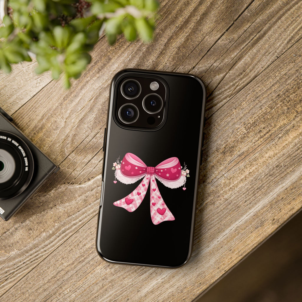 Pink Heart Bow Tough Phone Case — Cute Protective iPhone Cover