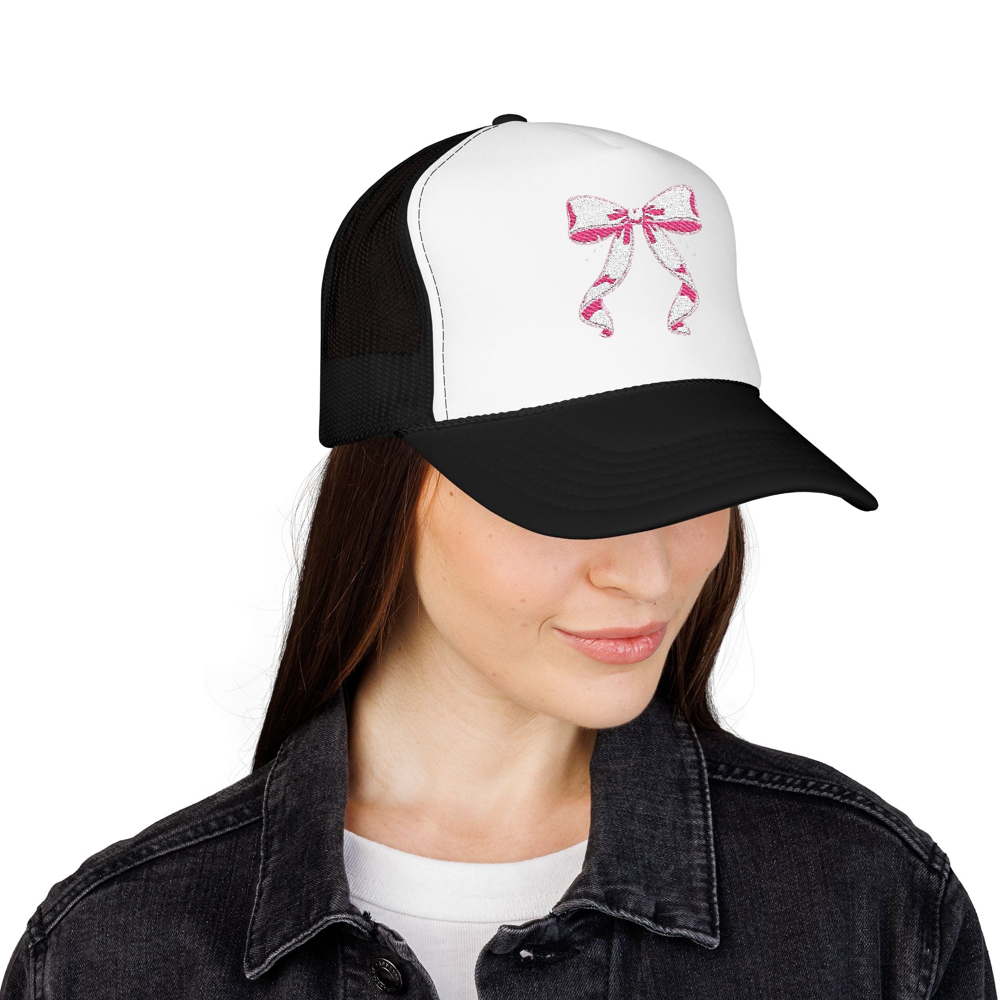 Bow Embroidered Trucker Hat — Pink Ribbon Detail Mesh Cap
