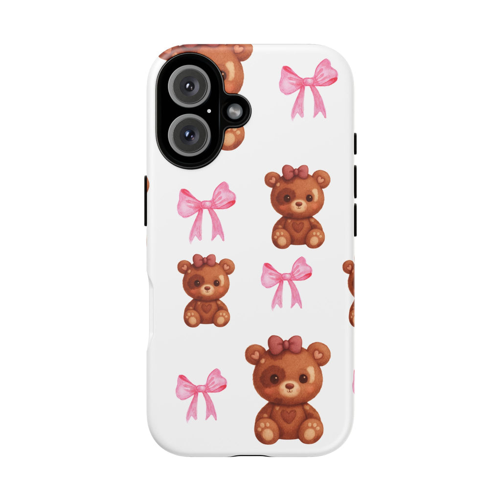 Cute Teddy Bear Phone Case – Pink Bows Patterned Protective iPhone Case