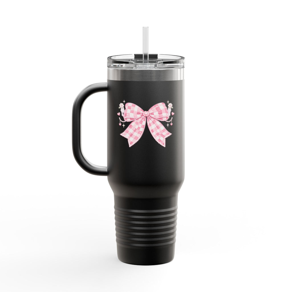 40oz Insulated Travel Mug — Pink Gingham Bow Design
