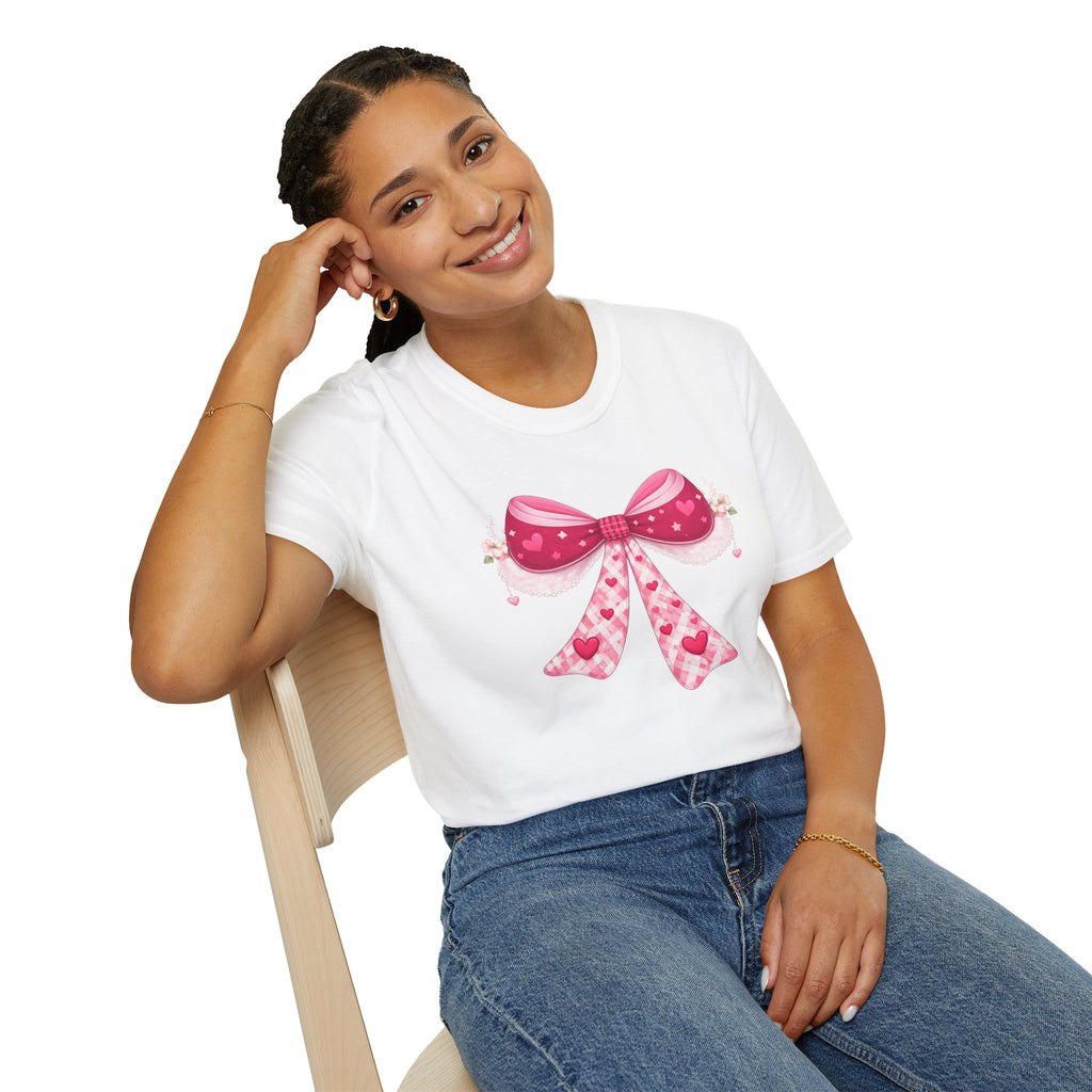 Pink Valentine Bow T-Shirt — Cute Heart Ribbon Graphic Tee