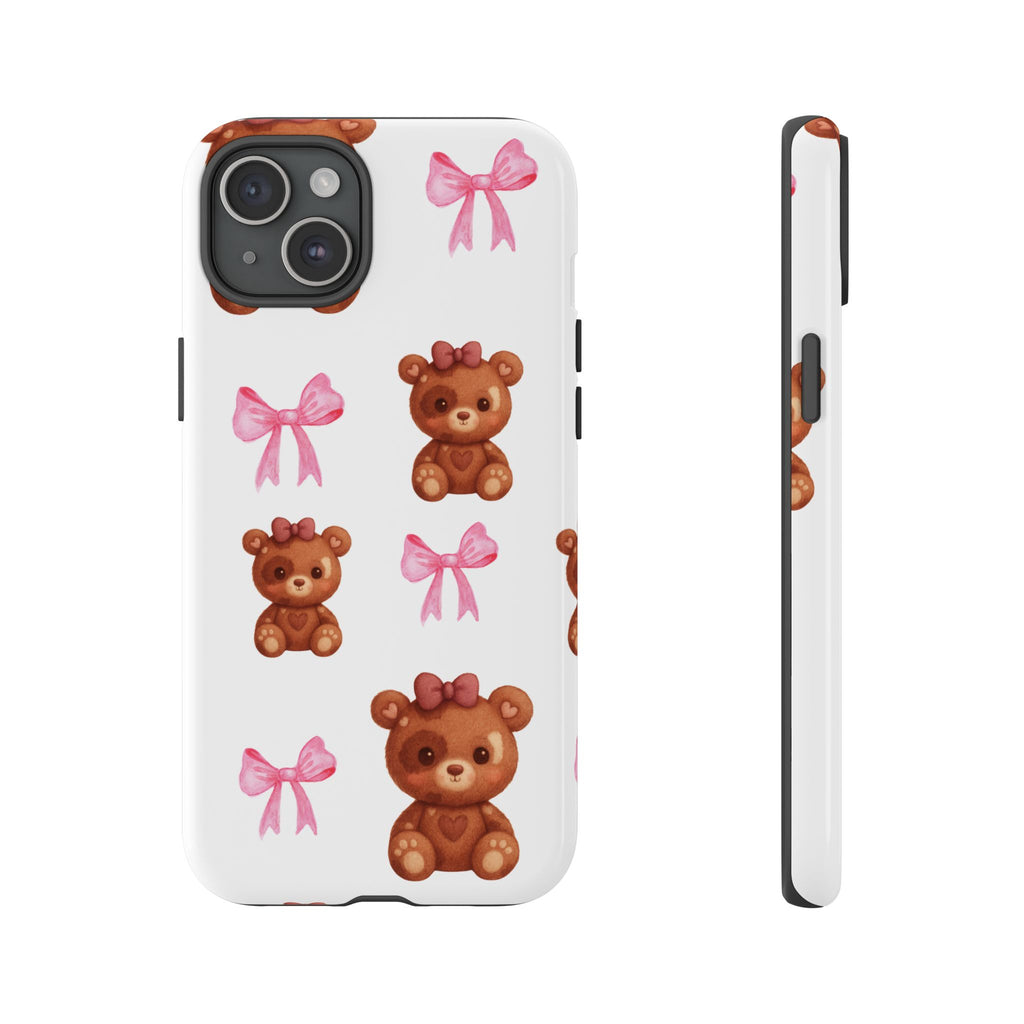 Cute Teddy Bear Phone Case – Pink Bows Patterned Protective iPhone Case
