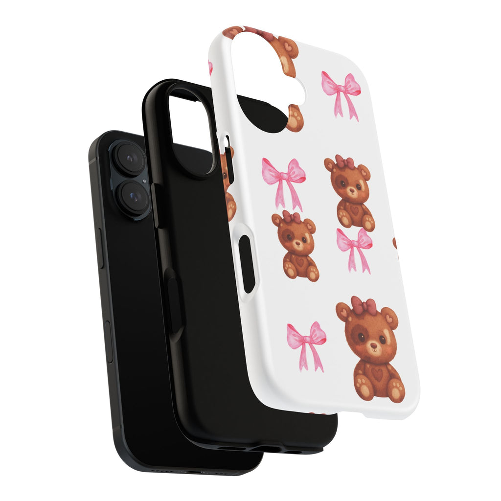 Cute Teddy Bear Phone Case – Pink Bows Patterned Protective iPhone Case