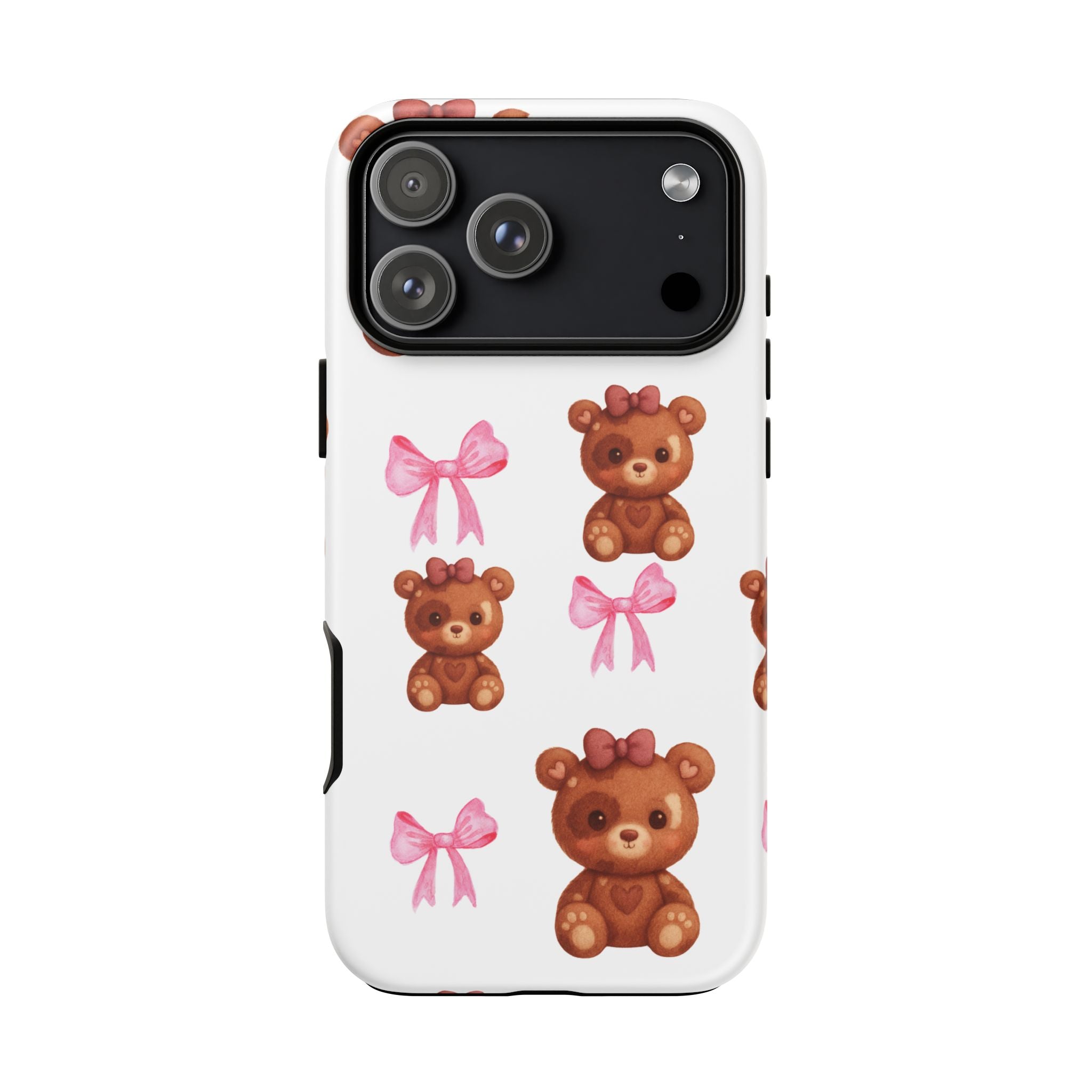Cute Teddy Bear Phone Case – Pink Bows Patterned Protective iPhone Case
