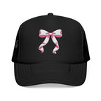 Bow Embroidered Trucker Hat — Pink Ribbon Detail Mesh Cap