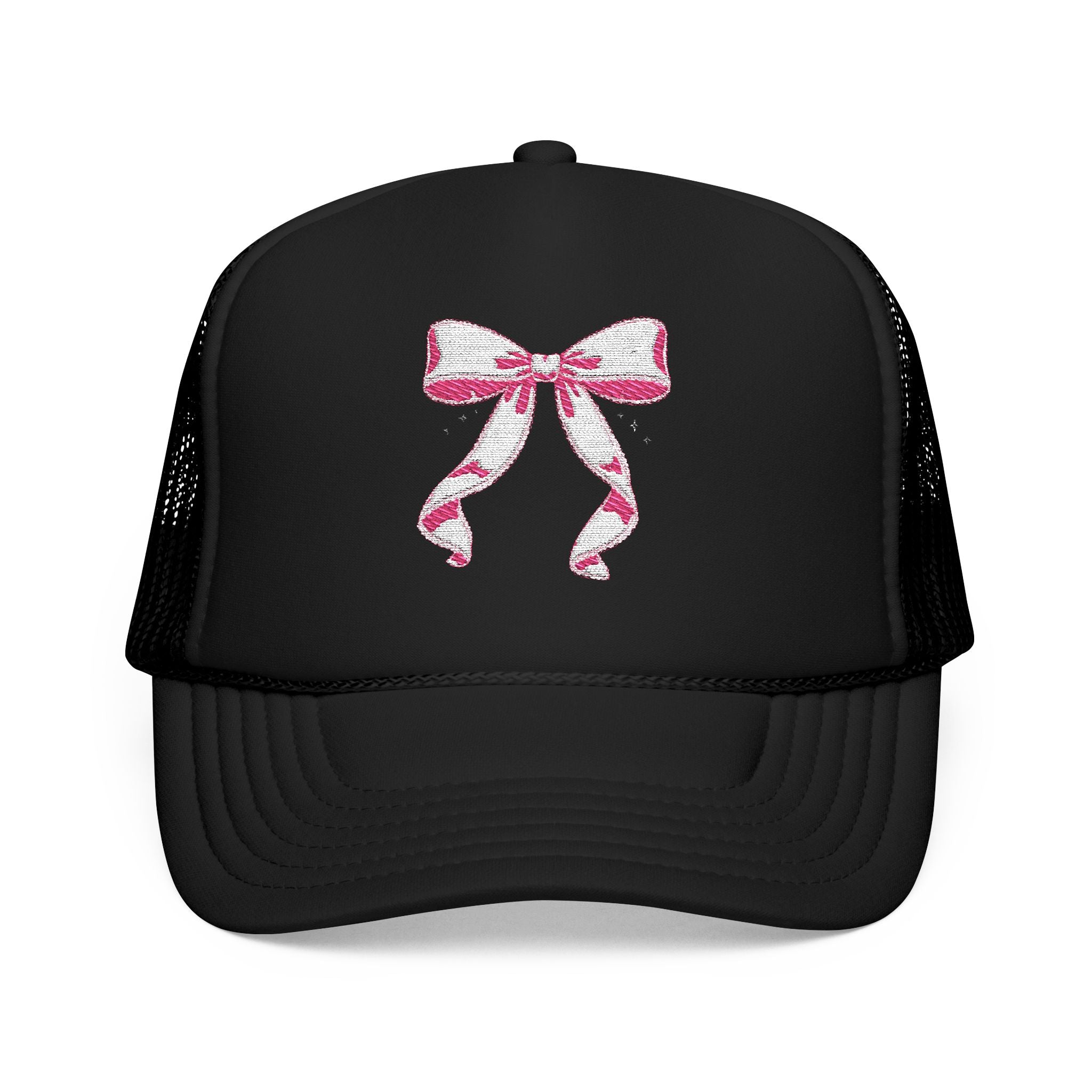 Bow Embroidered Trucker Hat — Pink Ribbon Detail Mesh Cap