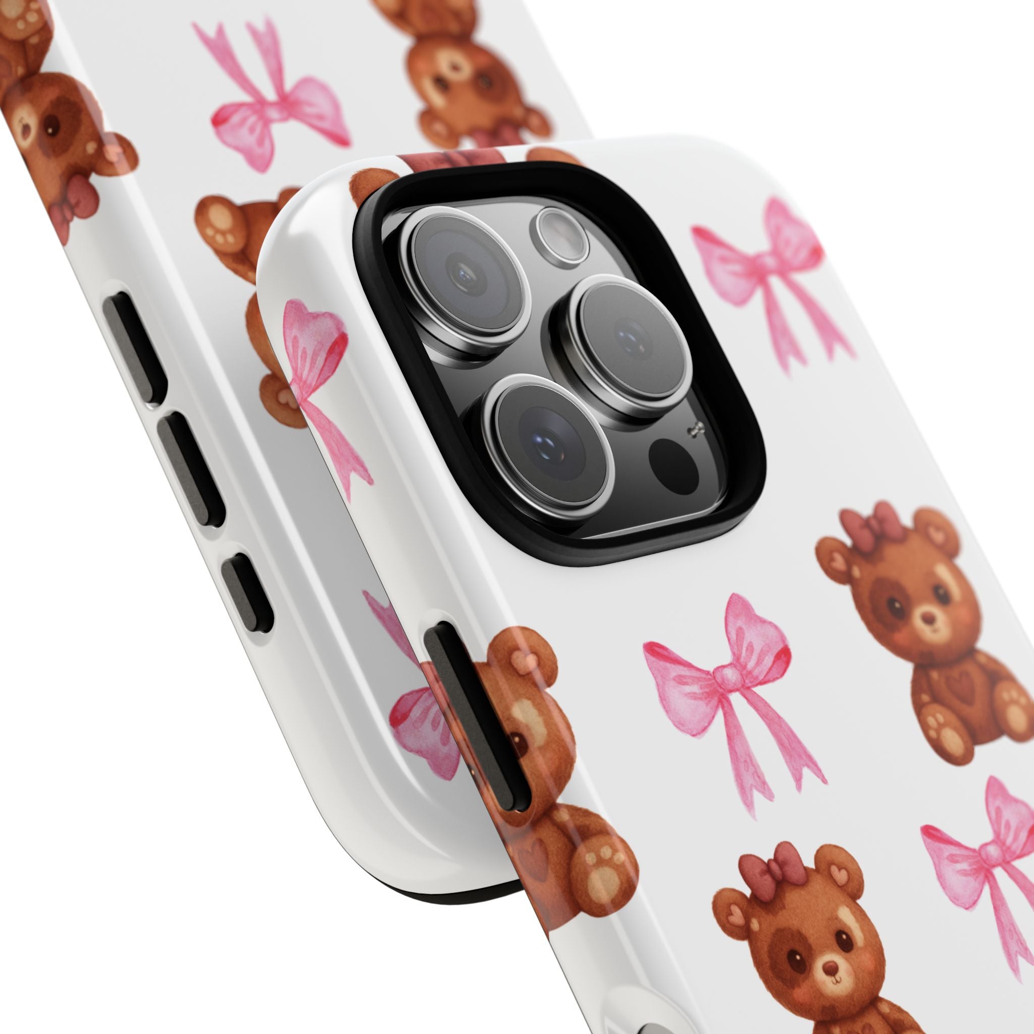 Cute Teddy Bear Phone Case – Pink Bows Patterned Protective iPhone Case