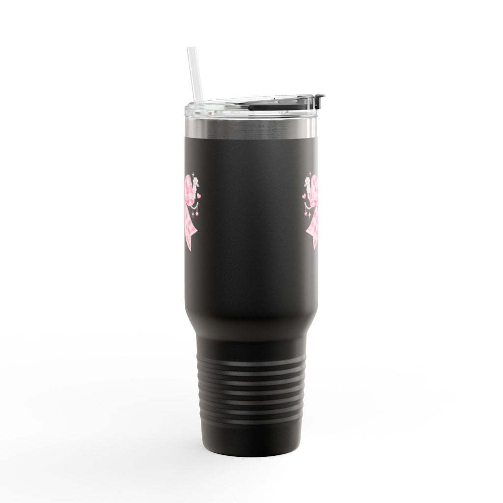 40oz Insulated Travel Mug — Pink Gingham Bow Design