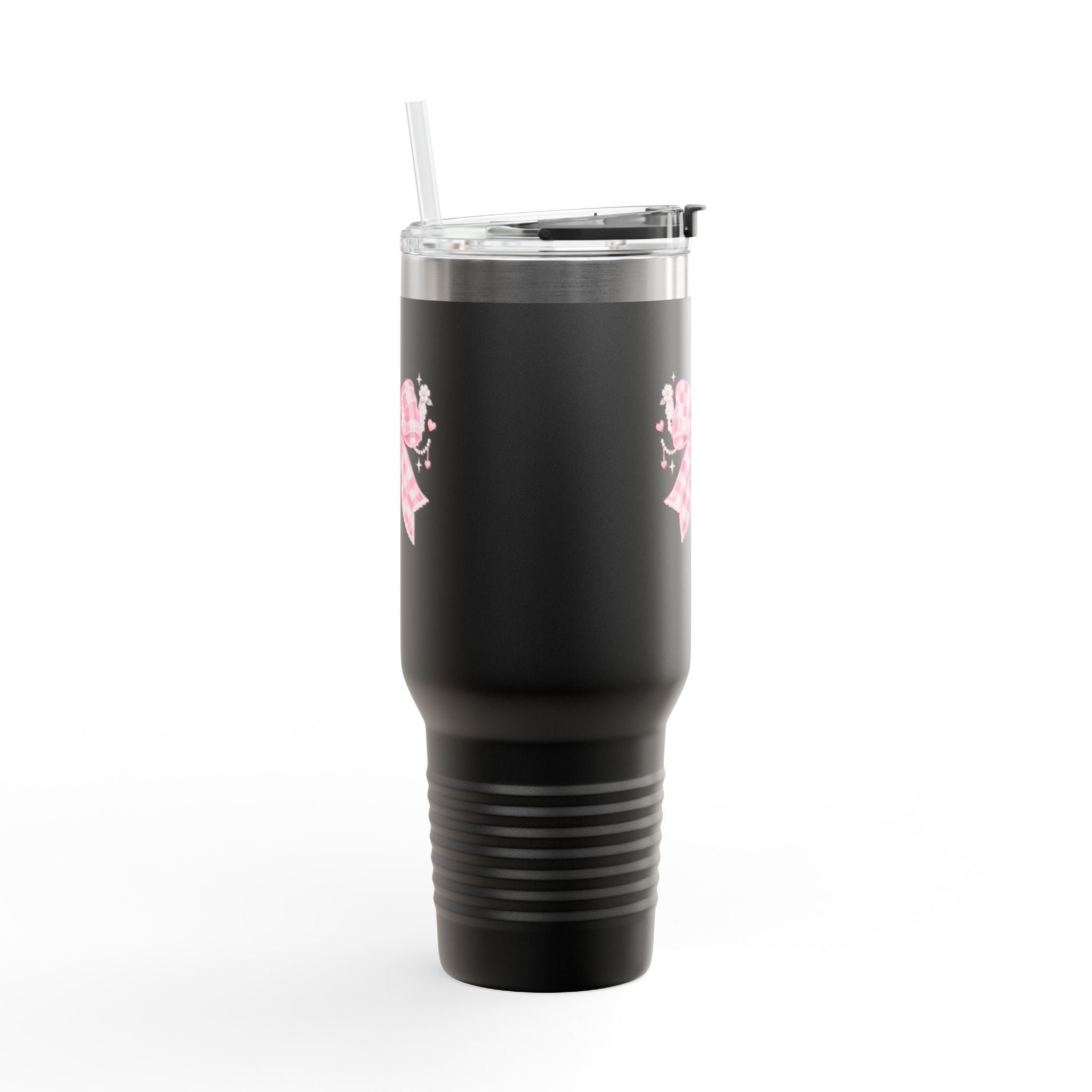 40oz Insulated Travel Mug — Pink Gingham Bow Design
